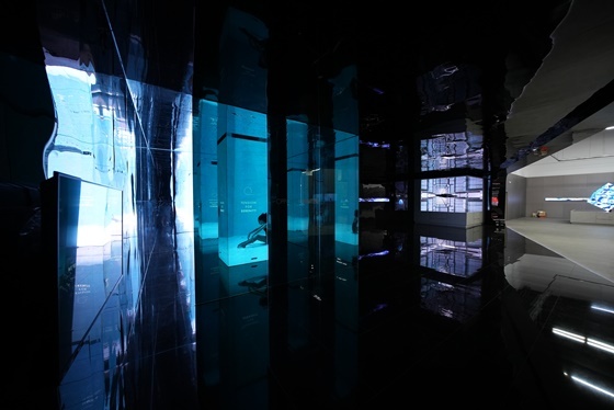 NSP통신-디자인 아이덴티티 미러드 룸(DI Mirrored room)은 거울로 이루어진 벽과 디스플레이 화면으로 4면을 감싼 기둥을 통해 기아 디자인이 추구하는 방향을 관객들에게 보여줄 수 있도록 했다. (기아)