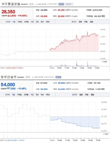 NSP통신-첫 사진은 가장 큰 상승률을 보인 종목 주가표, 두번째 사진은 가장 큰 하락률을 보인 종목 주가표 (2021년 9월 8일 장마감 3:30분 기준) (네이버금융)