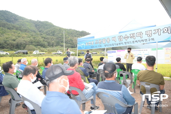 NSP통신-영덕군 농업기술센터와 영덕드론벼직파연구회는 7일 농업인과 관련기관·단체 100여명이 참석한 가운데 지난 6월 1일 달산면 옥산리 일대에 드론으로 직파한 벼 재배현장에 대한 농업용 드론 활용 벼 담수직파 평가회를 개최했다. (영덕군)