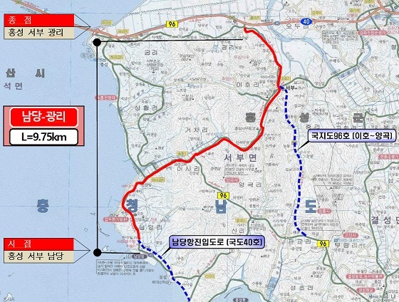 NSP통신-▲홍성군이 서부 남당리~광리 구간(국도 40호) 도로 건설사업을 추진한다. (홍성군)