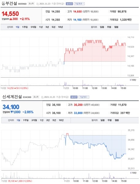 NSP통신-첫 사진은 가장 큰 상승률을 보인 종목 주가표, 두번째 사진은 가장 큰 하락률을 보인 종목 주가표 (2021년 11월 23일 장마감 3:30분 기준) (네이버금융)