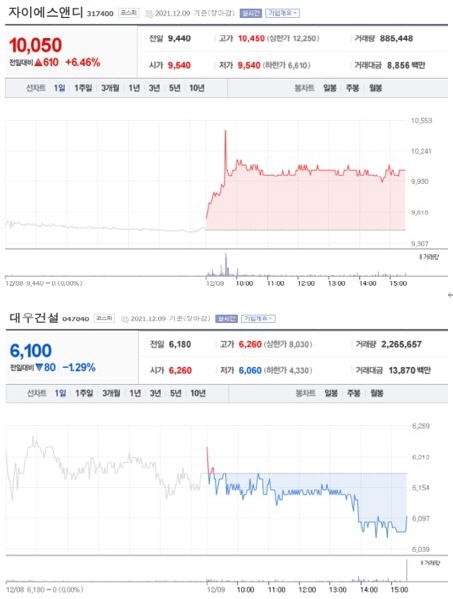 NSP통신-첫 사진은 가장 큰 상승률을 보인 종목 주가표, 두번째 사진은 가장 큰 하락률을 보인 종목 주가표 (2021년 12월 9일 장마감 3:30분 기준) (네이버금융)