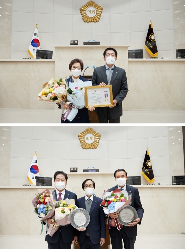 NSP통신-박남숙 의원과 김기준 용인시의장 기념촬영 모습(위), 박만섭 의원(왼쪽부터), 고광업 용인시의정회 사무국장, 이제남 의원 기념촬영 모습. (용인시의회)