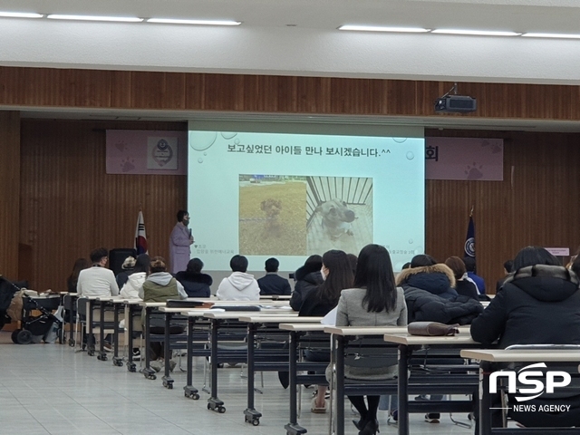 -참가자들이 상처받은 아픈 사연을 가지고 있는 유기견의 사연과 교육을 통해 새롭게 사람들에게 마음의 문을 여는 스토리 영상을 보고 있다. (김종식 기자)