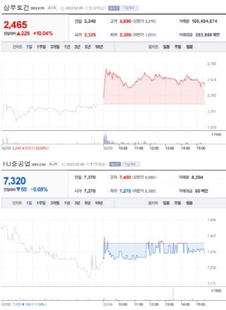 NSP통신-첫 사진은 가장 큰 상승률을 보인 종목 주가표, 두번째 사진은 가장 큰 하락률을 보인 종목 주가표 (2021년 2월 9일 장마감 3:30분 기준) (네이버금융)