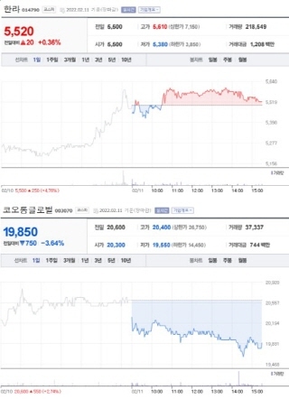 NSP통신-첫 사진은 가장 큰 상승률을 보인 종목 주가표, 두번째 사진은 가장 큰 하락률을 보인 종목 주가표 (2021년 2월 11일 장마감 3:30분 기준) (네이버금융)