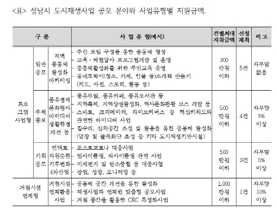 NSP통신-성남시 도시재생사업 공모 분야와 사업유형별 지원금액. (성남시)