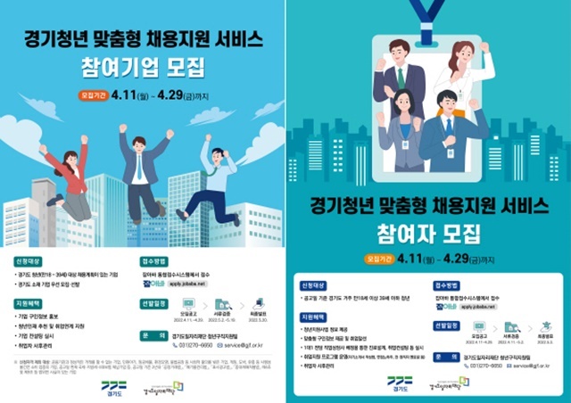 NSP통신-경기청년 맞춤형 채용지원 서비스 사업 참여 기업 모집 포스터(左)와 참여자 모집 포스터(右) (경기도)