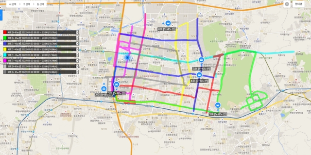 NSP통신-제설차량 운행관리 시스템(GPS) 활용 제설작업 노선 실시간 모니터링. (부천시)