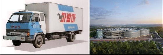 NSP통신-한진택배 사업초기 택배차량 이미지(좌측)과 대전 스마트 메가 허브 터미널(우측) (한진)