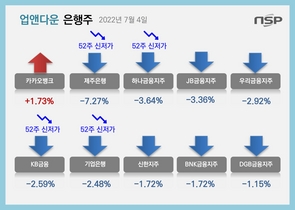 [NSP PHOTO][업앤다운]은행주 하락…카카오뱅크↑·하나·KB·기업은행 52주신저가↓