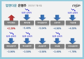 [NSP PHOTO][업앤다운]은행주 52주신저가 속출…카카오뱅크↑·KB금융↓