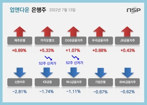 [NSP PHOTO][업앤다운]은행주 하락…카카오뱅크↑·KB·하나 52주신저가↓