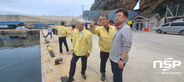 NSP통신-울릉군의회는 5일 제11호 태풍 힌남노의 북상에 대비해 저동항내를 점검 하고있다. (울릉군의회)