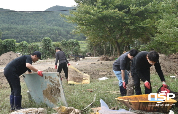 NSP통신-경북문화관광공사 직원들이 태풍 피해를 입은 농가에서 수해복구 지원활동을 하고 있다. (경상북도문화관광공사)