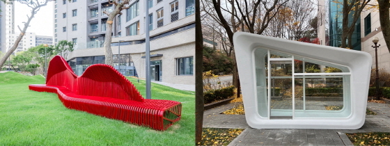 NSP통신-단지·주택분야 시공자동화 부문에서 혁신상을 수상한 3D프린팅 기술로 제작한 옥외용 벤치(왼쪽), 3D프린팅 비정형 거푸집으로 제작한 콘크리트 구조물(오른쪽) (현대건설)