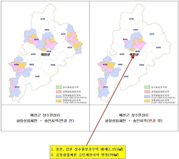 NSP통신-예천군은 지난해 10월 8일 용문 및 감천상수원보호구역 변경(해제)하고 환경부로부터 이달 29일자로 상수원상류 공장설립제한·승인지역 변경(해제) 고시돼 지역개발에 속도가 붙을 것으로 기대된다. (예천군)