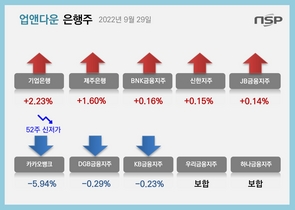 [NSP PHOTO][업앤다운]은행주 하락…신한지주↑·카카오뱅크 52주신저가↓