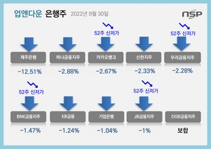 [NSP PHOTO][업앤다운]은행주 신저가 속출…카카오뱅크·우리금융 52주신저가↓