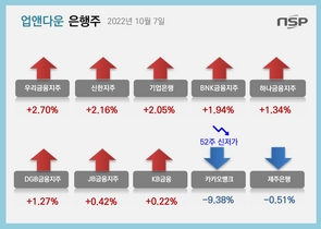 [NSP PHOTO][업앤다운]은행주 상승…우리금융↑·카카오뱅크 1만원대 폭락↓