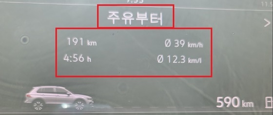NSP통신-총 191km를 4시간 56분 동안 시승한 후 체크한 폭스바겐 신형 티구안 올스페이스 7인승 가솔린 모델의 연비 12.3km/ℓ 기록 (강은태 기자)