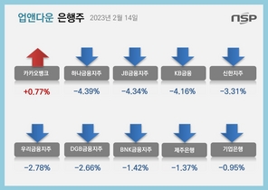 [NSP PHOTO][업앤다운]은행주 하락…카카오뱅크↑·JB금융↓