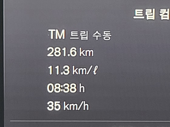 총 281.6km를 8시간 38분 동안 35km/h의 평균속도로 시승한 후 체크한 볼보 S90B6 AWD 마일드 하이브리드 모델의 실제 연비 11.3km/ℓ 기록 (강은태 기자)