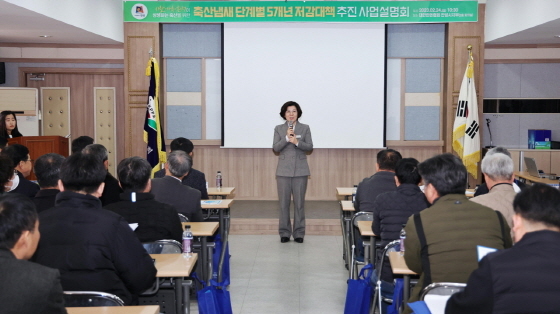 NSP통신-김보라 시장이 24일 대한한돈협회 안성시지부 대회의실에서 열린 축산냄새 단계별 5개년 저감대책 추진 설명회에서 당부의 말을 전하고 있다. (안성시)