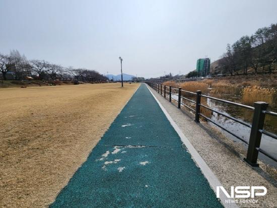 NSP통신- (사진 = 서천변 산책로 고무칩 탈락)