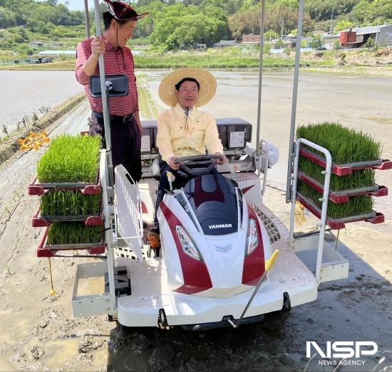NSP통신-정인화 광양시장 이앙기 이용해 모를 심고 있다. (사진 = 광양시청)