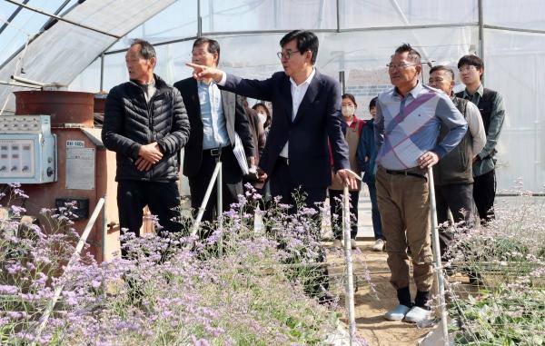 NSP통신-김성 장흥군수가 장평 화훼류 재배 농장을 찾아 농민들과 대화하고 있다. (사진 = 장흥군)