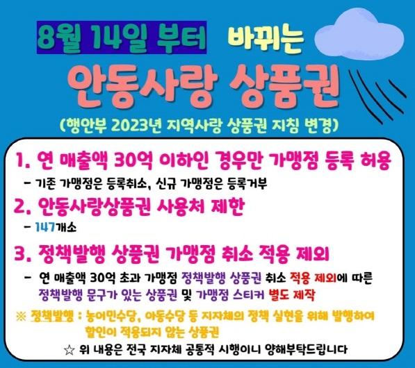 NSP통신-안동시는 행정안전부 지침에 따라 8월 14일부터 연 매출액 30억 원 초과 가맹점에서는 안동사랑상품권을 취급할 수 없도록 제한할 계획이다. (사진 = 안동시)