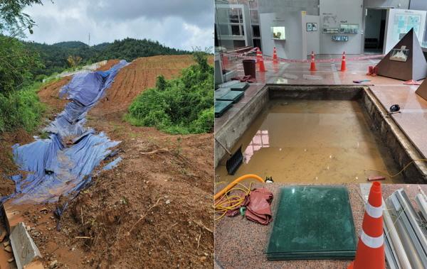 NSP통신-태백산맥 문학관 건물 뒤편과 물이 유입된 내부 전경[사진=NSP통신]