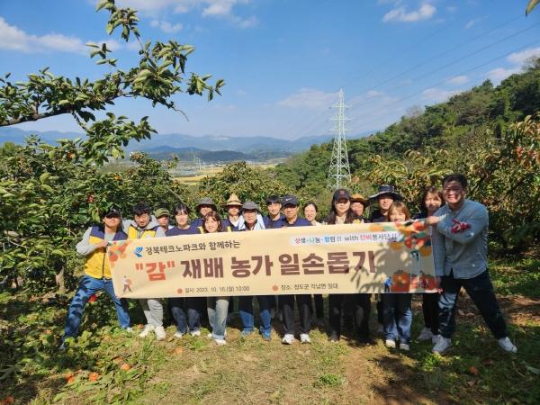 NSP통신-지난 16일 경북테크노파크는 농번기 구인난과 인건비 상승으로 이중고를 겪고 있는 청도군 감 재배 농가를 찾아 일손돕기 봉사활동을 실시했다. (사진 = 경북테크노파크)