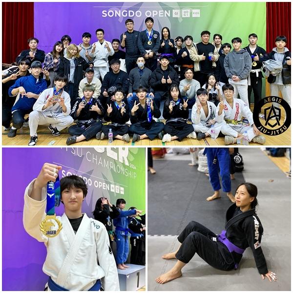 NSP통신-아이기스 출전 선수들과 지도진들(상단)이 기념 사진을 촬영하고 있다. 아이기스 능곡(정덕한 관장) 여자 국가대표 임유리 선수 금메달,(아래 왼쪽), 경기 대기중인 장희원 선수(아래 오른쪽). (사진 = 아이기스 주짓수)