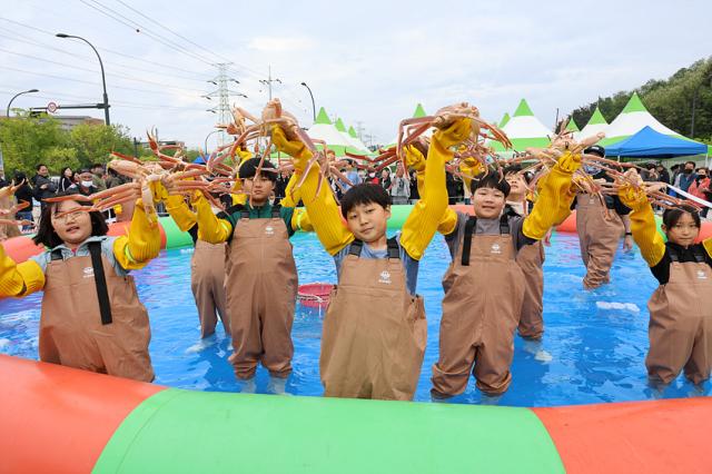 NSP통신-지난해 진행된 동해항 크랩킹 페스타 축제 가운데 크랩 맨손잡기 프로그램 행사에 참여한 어린이들이 크랩을 들고 기념촬영을 하고 있는 모습. (사진 = 동해시)