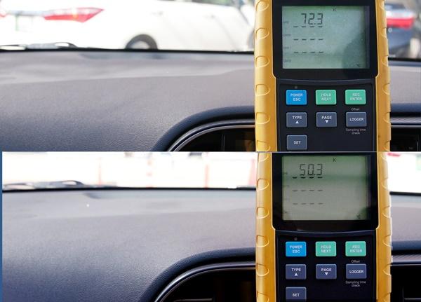 NSP통신-나노 쿨링 필름이 적용된 차량과 적용되지 않은 차량의 파키스탄 현지 온도 비교 평가 결과. (사진 = 현대차)