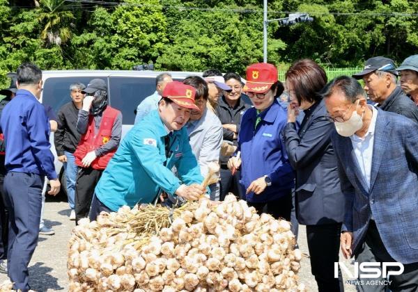 NSP통신-공영민 군수가 16일 녹동농협 공판장을 방문해 녹동농협 조합장과 마늘 경매를 실시하고 있다 (사진 = 고흥군)