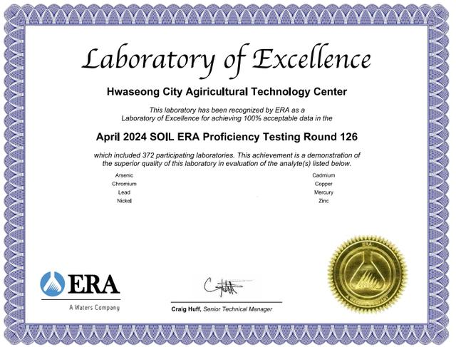 NSP통신-토양중금속 국제숙련도 평가에 참여 최우수 판정(Laboratory of Excellence)서. (이미지 = 화성시)