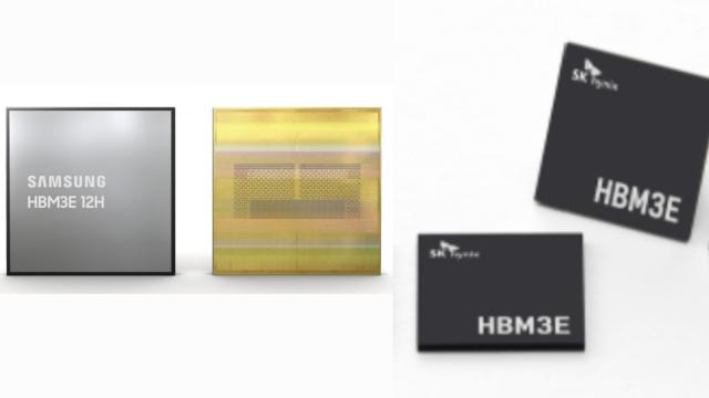 NSP통신-삼성전자 36GB HBM3E 12단 제품(왼쪽)과 SK하이닉스 HBM3E 제품 모습 (사진=삼성전자, SK하이닉스)