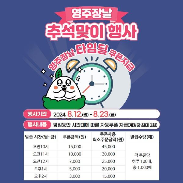 NSP통신-영주장날 쿠폰은 계정 당 최대 3회 발급되며 최소 금액 이상(오전 10시 45000원, 11시 3만원, 오후 12시 2만5000원, 1시 2만원, 2시 15000원) 주문 시 사용할 수 있다. (사진 = 영주시)