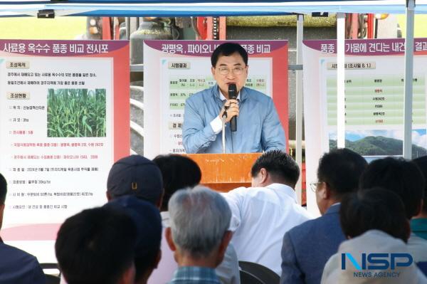 NSP통신-경주시가 2일 내남면 소재 신농업혁신타운에서 사료용 옥수수 품종별 평가 및 기계화 수확 연시회 를 가졌다. (사진 = 경주시)