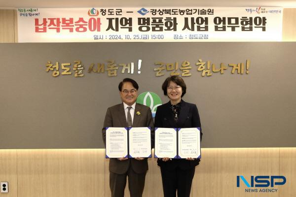 NSP통신-경상북도농업기술원은 청도군과 경북 복숭아 산업의 경쟁력 강화를 위해 지난 25일 청도군청에서 납작복숭아 신품종 명품화 사업 추진을 위한 업무협약을 체결했다. (사진 = 경상북도)