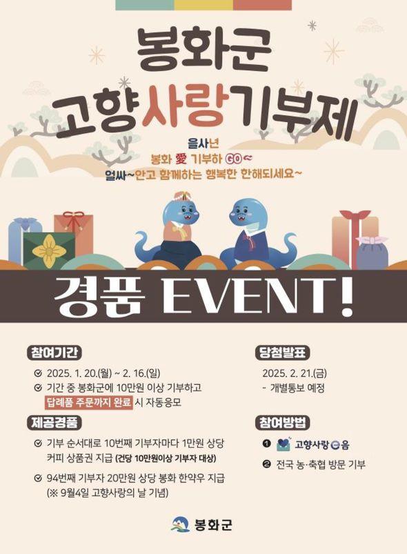 NSP통신-봉화군 고향사랑기부제 경품 이벤트 진행합니다, 건당 10만원 이상 기부자 중 매 10번째 기부자마다 1만원 커피 상품권 지급 (사진 = 봉화군)