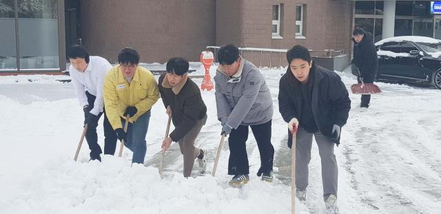 NSP통신-이종원 운영위원장과 의회사무국 직원들이 제설작업을 하고 있다. (사진 = 평택시의회)