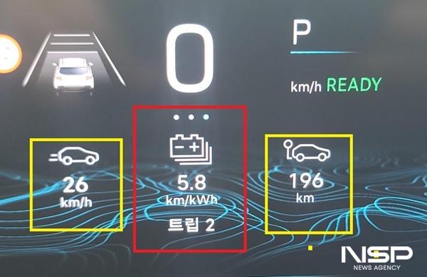 NSP통신-총 196km의 시내 도로 구간을 26km/h의 평균속도로 시승한 후 체크 한 순수전기차 어벤저 알티튜드 트림의 실제 주행 전비 5.8kWh 기록 (사진 = NSP통신)