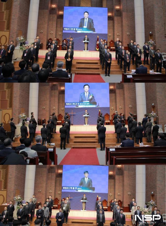 NSP통신-사진 윗쪽부터 원웅래 안산동지방 감리사의 이임사, 하근수 16대 경기연회 전 감독의 격려사, 박종무 화성중앙지방 신임감리사의 취임사 모습. (사진 = 김종식 기자)