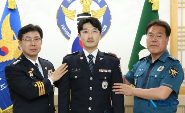 NSP통신-포항남부경찰서는 2025. 5. 2.자로 인명구조 유공으로상대지구대 백종현 경사(39세)가 경위로 1계급 특별승진임용식을 가졌다고 밝혔다. (사진 = 포항남부경찰서)