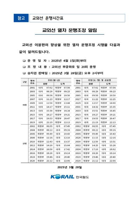 NSP통신-교외선 열차 운행 시간표. (사진 = 경기도)