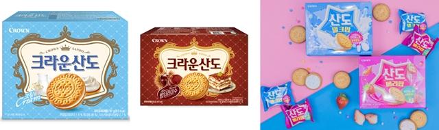 NSP통신-현재까지 출시한 크라운산도 패밀리 시리즈 제품 이미지. (왼쪽부터) 오리지널, 밤 티라미수, 팝핑 산도. (사진 = 크라운해태 제공)